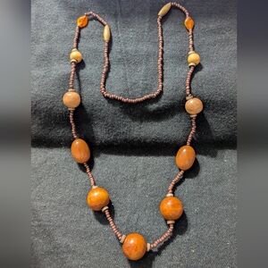 Brown Wooded Beaded Long Statement Necklace